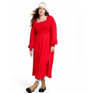 La Linge Square Neck Smocked Side Slit Fit & Flare Dress Red 2X Ballon Sleeve